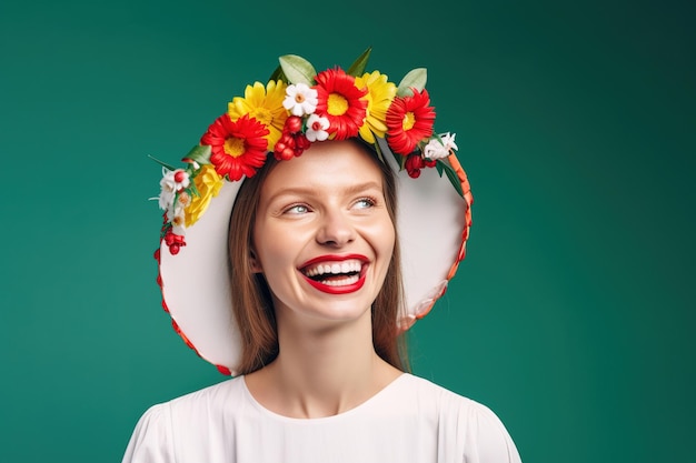 写真 花をあしらった帽子をかぶった女性