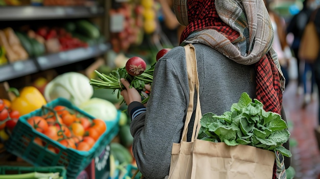 Фото Женщина в платке покупает свежие продукты на рынке. она держит кучу зеленого лука и красного лука.