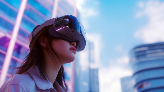 写真 サイバーパンクの背景でvrヘッドセットをかぶって屋外を見ている女性