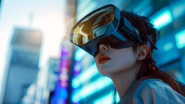 写真 サイバーパンクの背景でvrヘッドセットをかぶって屋外を見ている女性