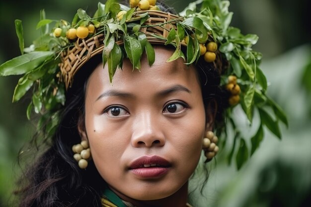 写真 果物でできた花輪を頭にかぶった女性が野原に立っています。