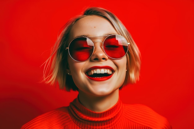 Фото Женщина в красных солнцезащитных очках улыбается на красном фоне.