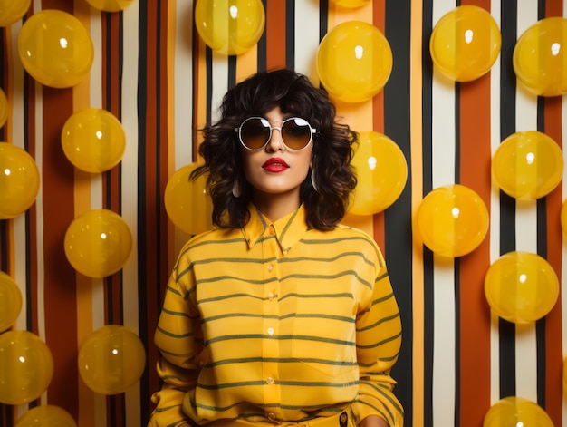 Фото Женщина в темных очках и полосатой рубашке стоит перед желтыми воздушными шарами