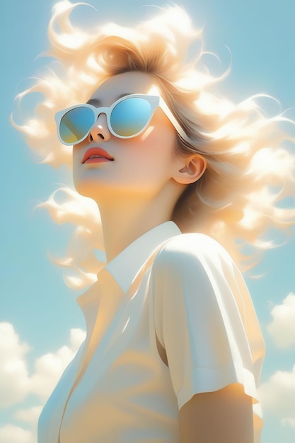 写真 眼鏡と白いシャツを着た女性太陽が彼女の目を通って輝いています