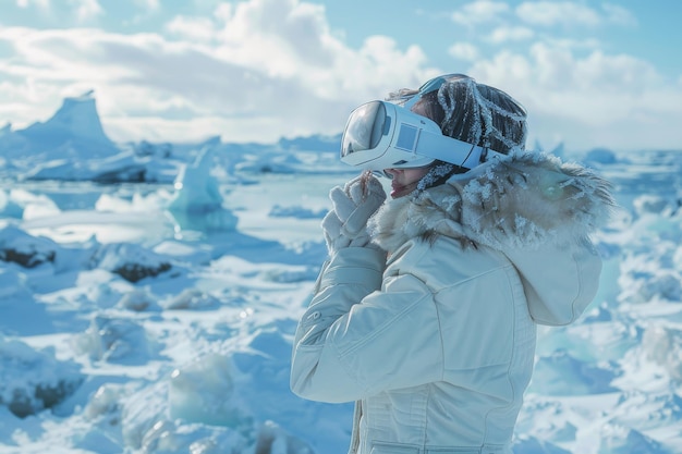 Фото Женщина, носящая наушники vr, использует сюрреалистический мир и виртуальную реальность красочные цветочные поля