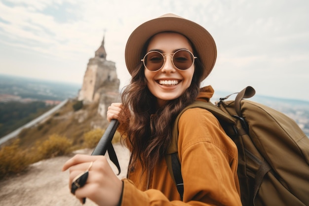 写真 バックパックと帽子をかぶった女性が山をハイキングしながら微笑んでいます。