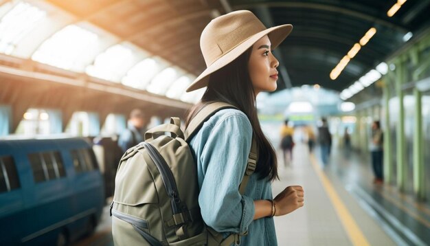 写真 バックパックを背負った女性が駅に立っています