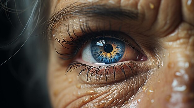 Фото Женщина с синяком под глазом, покрытым каплями воды на лице.