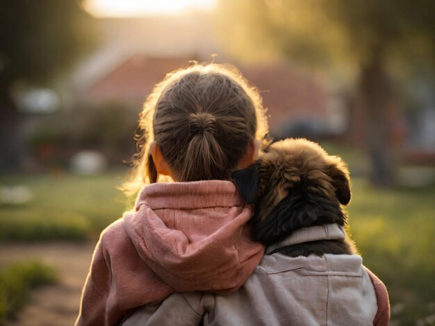 写真 背中に犬を背負った女性と背中に犬