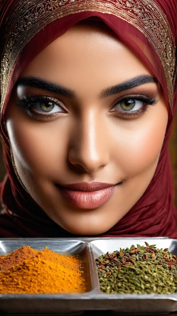 写真 ヒジャブを着た女性暖かい笑顔と香りのあるスパイスを載せたトレイ