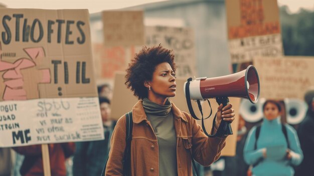 写真 メガフォンを持った女性が人々のためのヒーローと書かれた抗議標識の前で