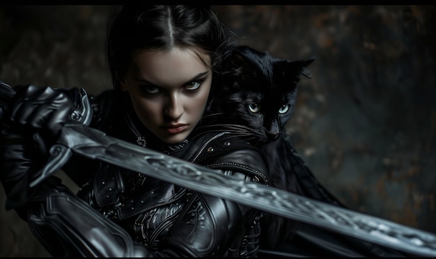写真 肩に剣と猫を背負った女性
