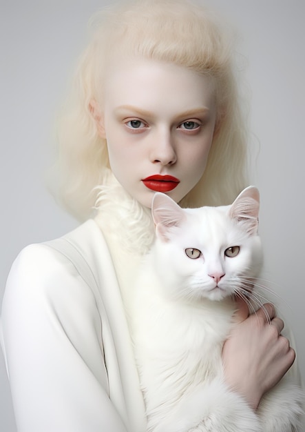 Фото Женщина с белой кошкой на руках