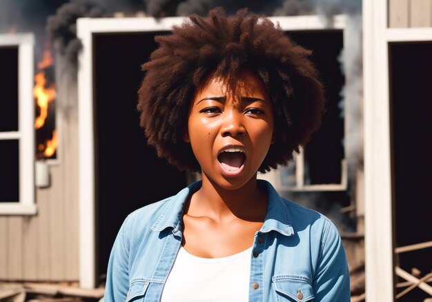 写真 建物の前にいるアフロヘアの女性