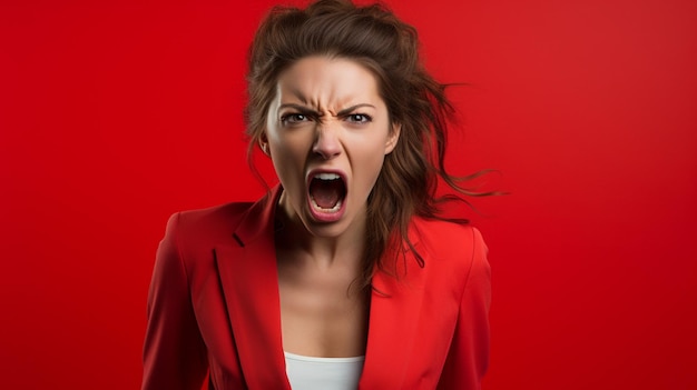 Фото Женщина с сердитым выражением лица открывает рот на заднем плане студии