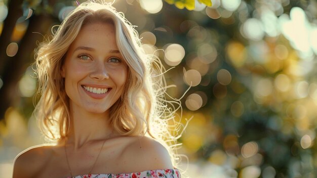 写真 木の前で笑顔の金の女性