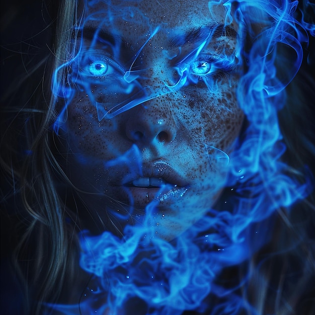 Фото Женщина с голубыми глазами и голубым фоном со словом 