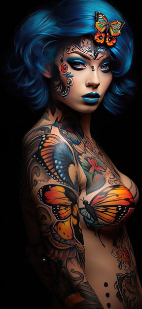 Фото Женщина с голубыми волосами и голубым окрашенным лицом с бабочками на спине.