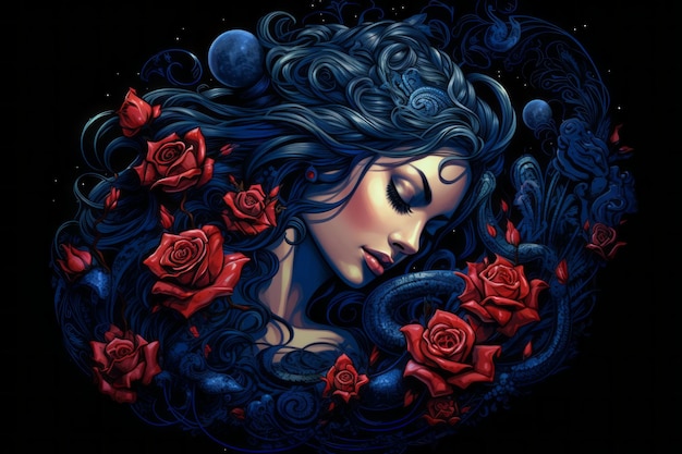 写真 青い髪と赤いバラの女性