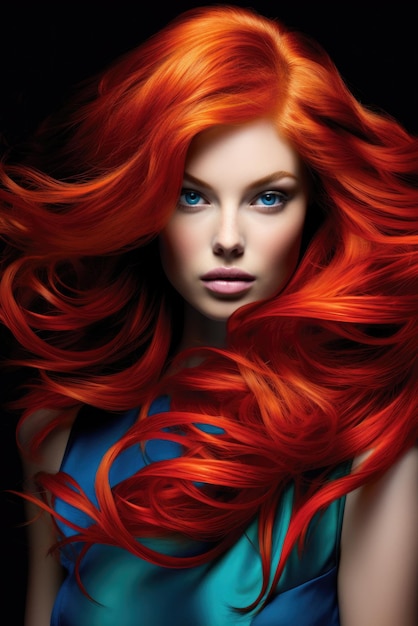 Фото Женщина с ярко-красными волосами и голубыми глазами блеск цвета и привлекательность волос совершенство