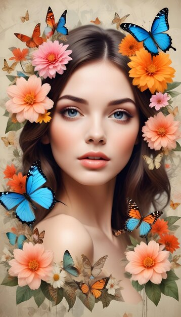 Фото Женщина с бабочками на шее окружена цветами