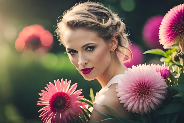 写真 髪に花と花束を持った女性