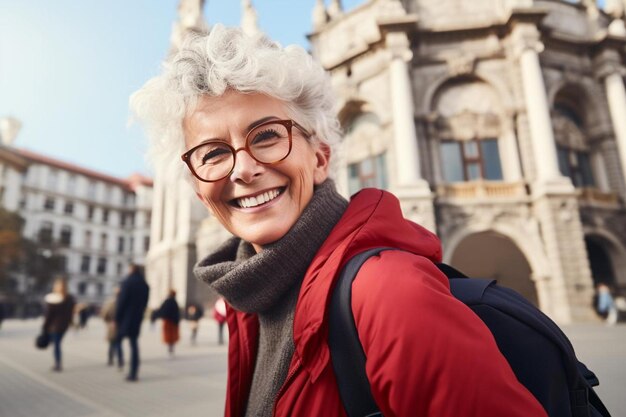 写真 眼鏡と赤いジャケットを着た女性が微笑んでいる