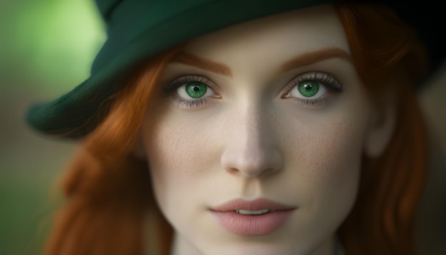 사진 녹색 눈과 녹색 모자를 쓴 여자