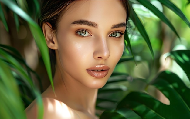 Фото Женщина с зелеными глазами и загорелым лицом стоит в джунглях.