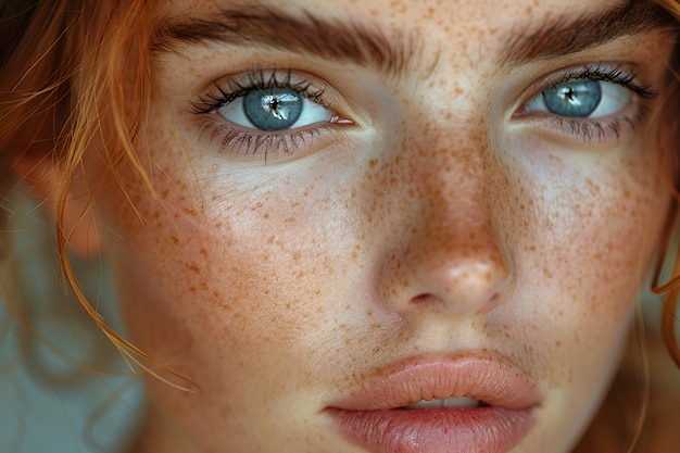 Фото a woman with green eyes and freckles on her face