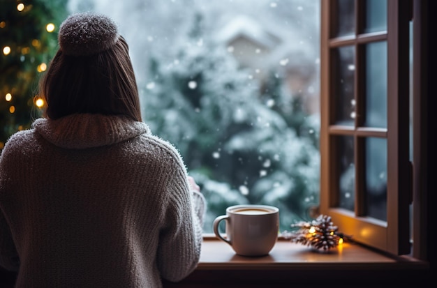 写真 コーヒーを飲みながら背を向けた女性が窓の外で雪が降っているのを見ています