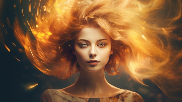 사진 긴 금발 머리와 불을 배경으로 한 여성