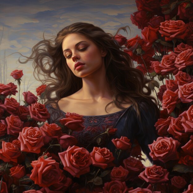 Фото Женщина с длинными волосами и синим платьем окружена красными розами.