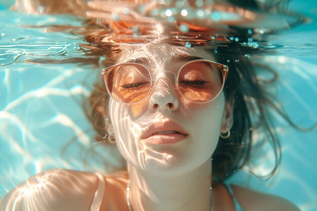 写真 長の女性がプールにいて夏の囲気をaiで生成します