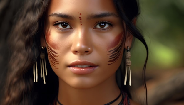 사진 그녀의 얼굴에 아메리카 원주민 깃털을 가진 여자
