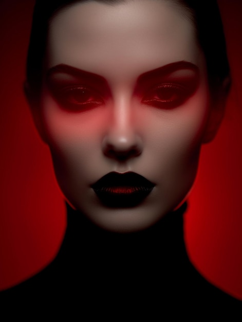 Фото Женщина с красными глазами и черным фоном с красным светом.