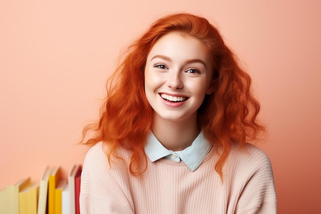 Фото Женщина с красными волосами улыбается перед розовой стеной