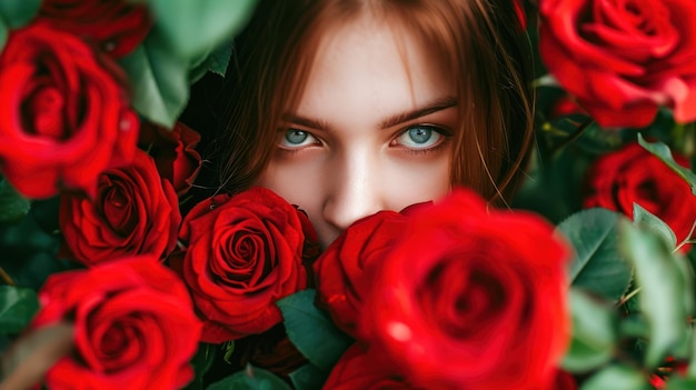 Фото Женщина с яркими голубыми глазами окружена яркими красными розами