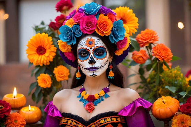 Фото Женщина с сахарным макияжем в виде черепа на параде dia de los muertos