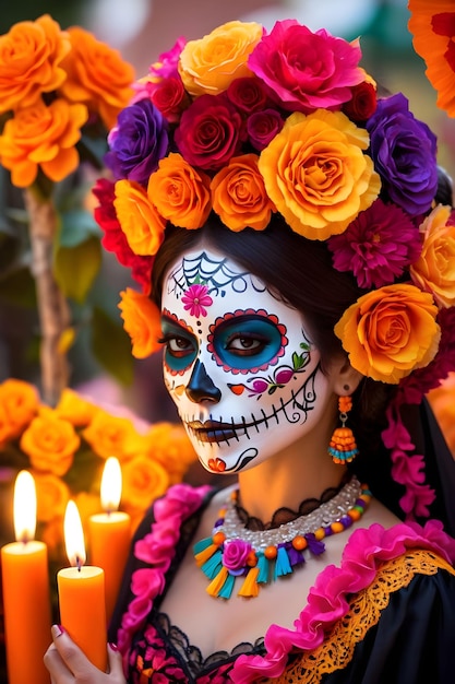Фото Женщина с макияжем сахарного черепа на параде дня мертвых