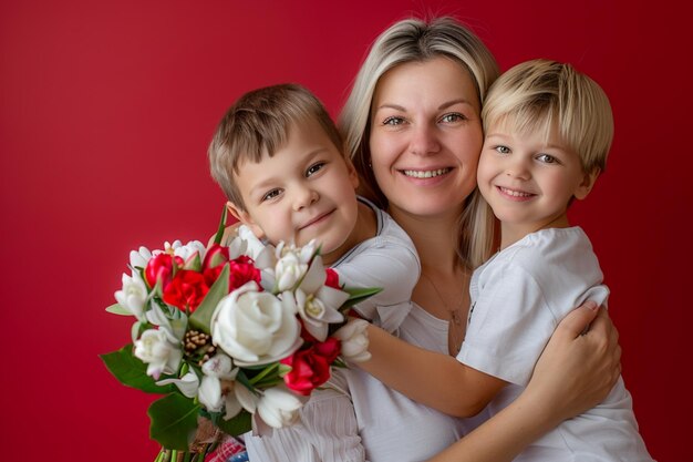 사진 a woman with two children hugging with a bouquet of flowers