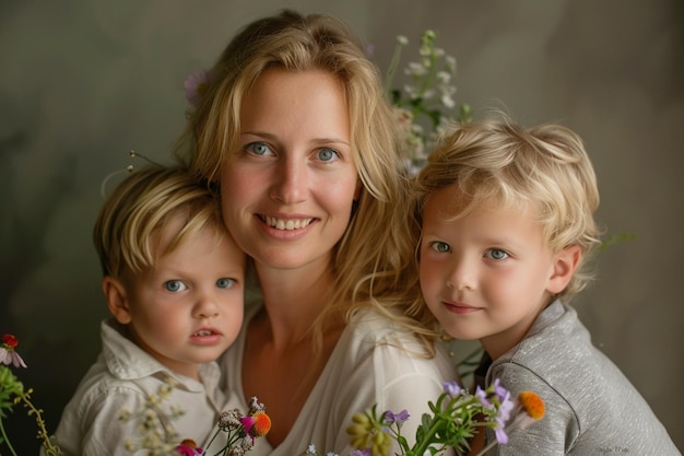 写真 a woman with two children posing for a photo with flowers in her lap