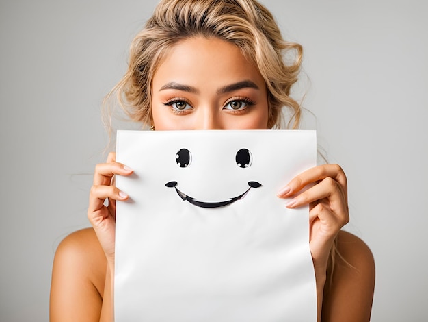 Фото Женщина с широкими глазами, держащая бумагу с нарисованным улыбкой, символизирующей счастье