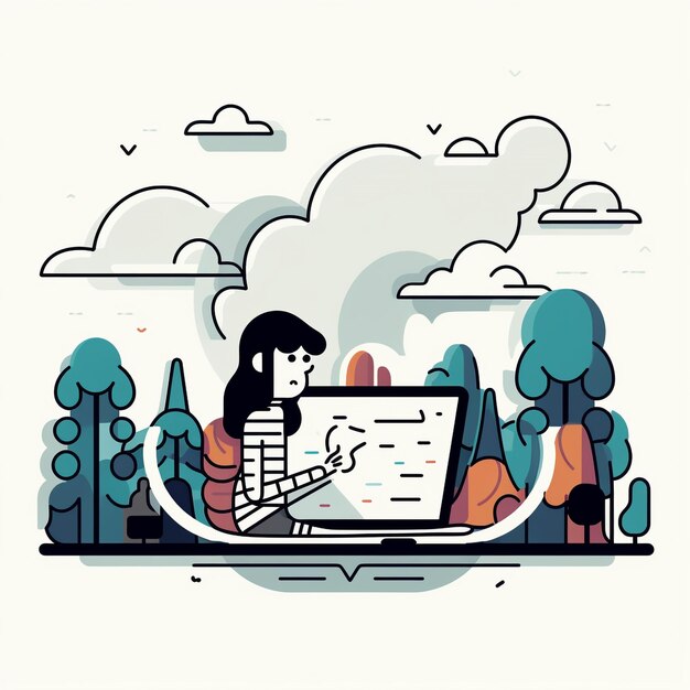 사진 하늘 배경과 나무를 배경으로 노트북 작업을 하는 여성