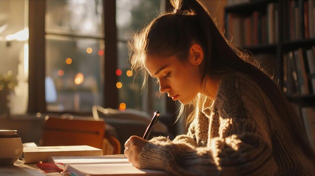 写真 テーブルに座って本を書いている女性