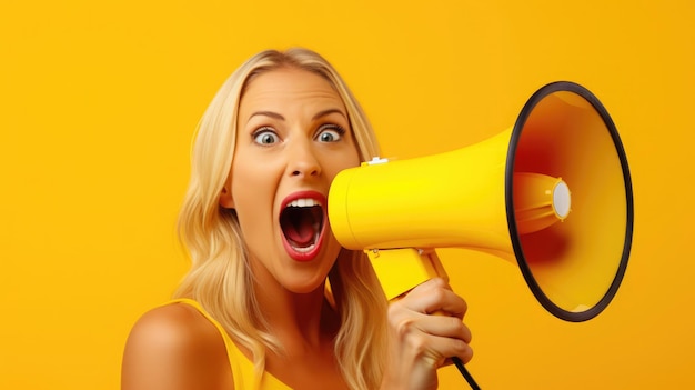 Фото Женщина кричит в желтый мегафон на ярко-желтом фоне, передавая послание волнения или срочности
