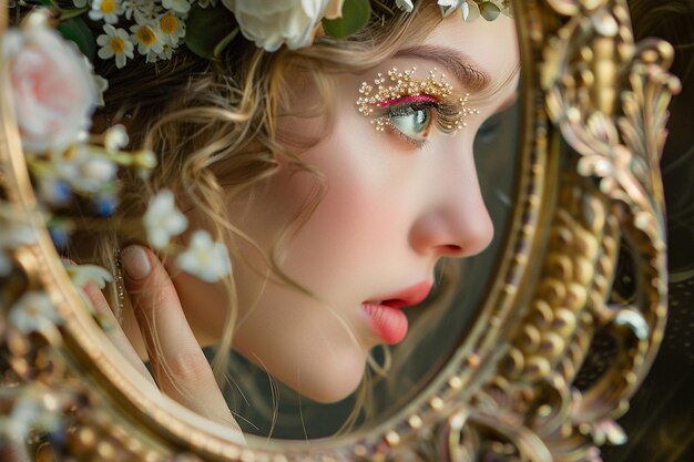 写真 a womans reflection in a mirror with a flower in her hair