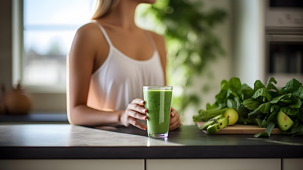 Фото Женщины пьют зеленый сок возле кухонного прилавка