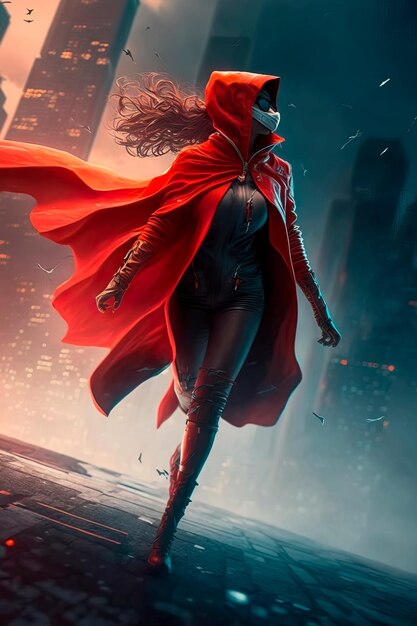 写真 仮面をかぶった女性のスーパー ヒーローが街を背景に飛び、赤いレインコートを着た人々を助けます。 ジェネレーティブ ai