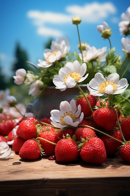 사진 신선한 여름 하늘과 딸기 배경을 가진 나무 테이블 테이블 제품 디스플레이